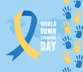 Fototapeta na wymiar world down syndrome day blue background map ribbon and hands print paint
