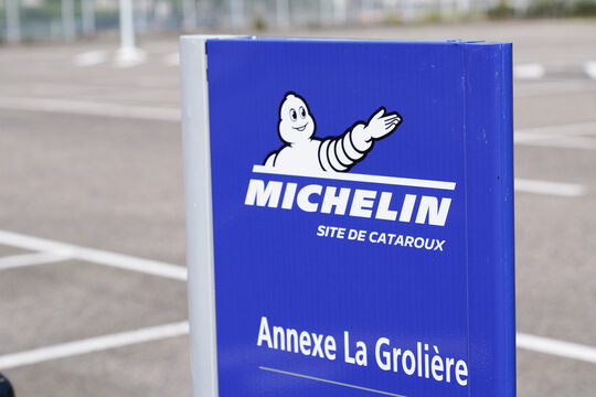 Michelin Bibendum Logo Sign And Text Front Of Cataroux Factory Of Tyres