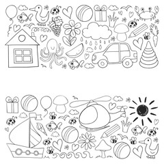 Vector kindergarten pattern with helicopter, house, toys, ship. Boys and girls online education.