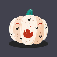 Spooky white pumpkin in vampire costume. Halloween illustration. Vector flat colorful design. Art for children.
