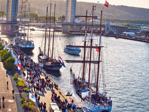 Aerial view of Armada exhibition sailboats at Rouen dock. International meeting for biggest old schooners and frigates in world