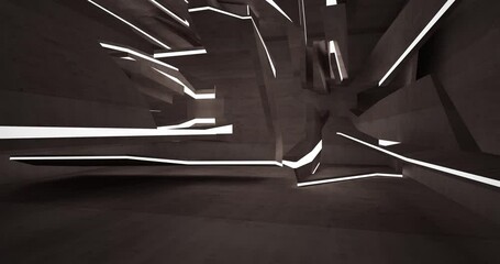 Abstract architectural background. Flying on a concrete minimalistic interior. Futuristic modern space. Hangar with airplanes. Bright neon lighting. 3D animation and rendering. - Powered by Adobe