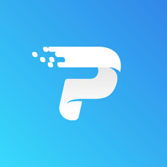 Letter P fast speed logo with checkered pixels pattern on the gradient background.