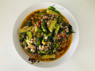 Stir fried eggplant with minced pork in Thailand.