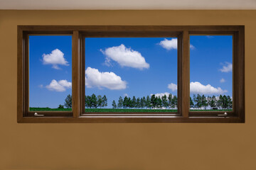 窓から並木と雲