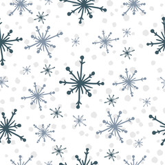 Snowflake seamless pattern. Hand drawn flat scandinavian decorative grey  snowflakes isolated on white background. Trendy Mery Christmas and Happy New Year design for wallpaper, gift paper, background