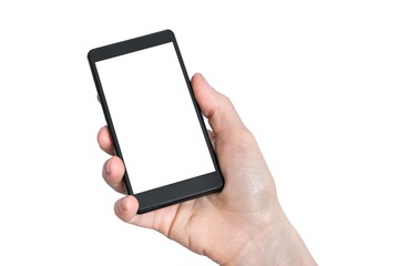 Mobile with blank white touch screen in hand of woman