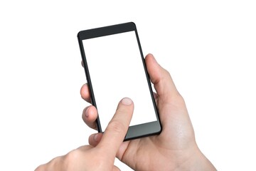 Mobile with blank white touch screen in hands of woman