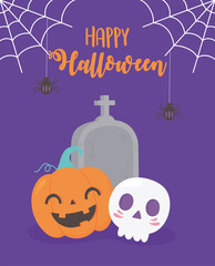 happy halloween pumpkin skull tombstone cobweb and hanging spider