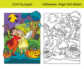 Coloring with colored example Halloween angel and demon
