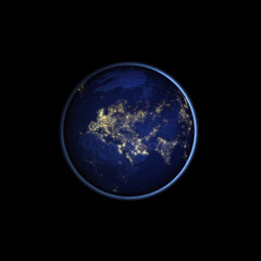 Night Earth with Europe and Asia in the Center. The Light of Cities and the Glow of the Atmosphere. Elements of this Image Courtesy of NASA. 3D Render Isolated on Black.