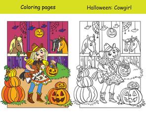 Coloring with colored example Halloween cowgirl in the stable