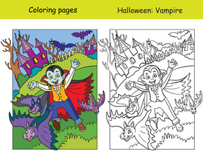 Coloring with colored example Halloween vampire and bats