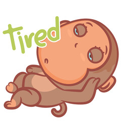 Little brown monkey tired scene vector cartoon on a white background
