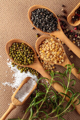 Various raw lentils with rosemary, salt and pepper.