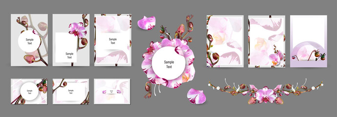 Set of floral botanical design, for poster, card, invitation, flyer, cover, banner, placard, brochure. Minimal modern style frame, composition for text with decorative violet and pink orchid elements.