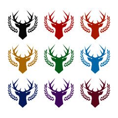 Deer head with big antlers in laurel wreath icon, color set