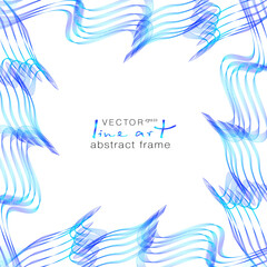 Blue wave frame of line art design. Abstract border with stylized sea waves. Squiggly thin lines on white background. Dynamic pattern, symmetric curves. Vector template, copy space. EPS10 illustration