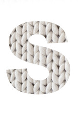 Letter " S " is a knitted of the alphabet isolated on a white background. Illustration of a collection of alphabet numbers of knitted pigtails background for a design project, poster, postcard