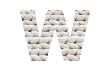 Letter " W " is a knitted of the alphabet isolated on a white background. Illustration of a collection of alphabet numbers of knitted pigtails background for a design project, poster, postcard