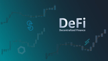 Text Defi decentralized finance on dark background with graphs and coin symbols. An ecosystem of financial applications and services based on public blockchains. Vector EPS 10.