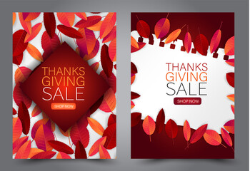 Thanksgiving sale vertical banner, a4 page or flyer. Realistic vector illustration with red and orange autumn leaves on torn out sheet of paper. 