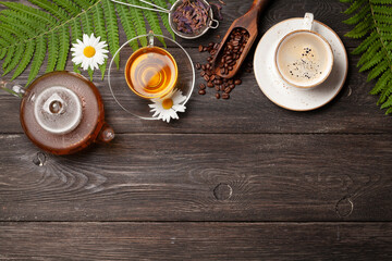 Fototapeta na wymiar Herbal tea and espresso coffee