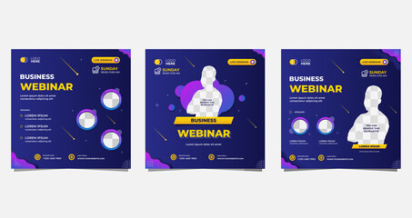 Collection of social media post templates. Vector graphics of dark blue and purple background, perfect for business webinars