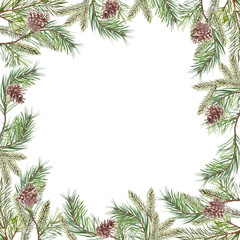 christmas wreath. watercolor hand painted frame of fir and pine branches. Great for greeting cards, printing products, flyers, banners, invitations