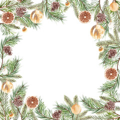 christmas cart template. watercolor hand painted frame of fir and pine branches and Christmas tree decorations. Great for greeting cards, printing products, flyers, banners, invitations