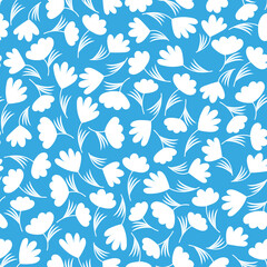 Fototapeta na wymiar Pattern, seamless monochrome flat background with white stylized flowers on a blue background. Hand drawn botanical pattern in doodle style.