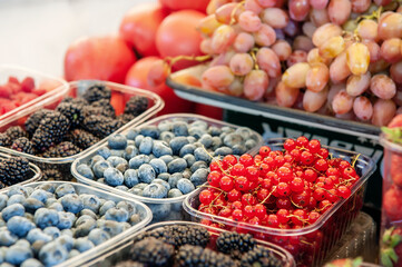 Blueberries, strawberries, raspberries and blackberries are prepared for sale at the farmers ' market. Fruits on the market counter are laid out in plastic containers.