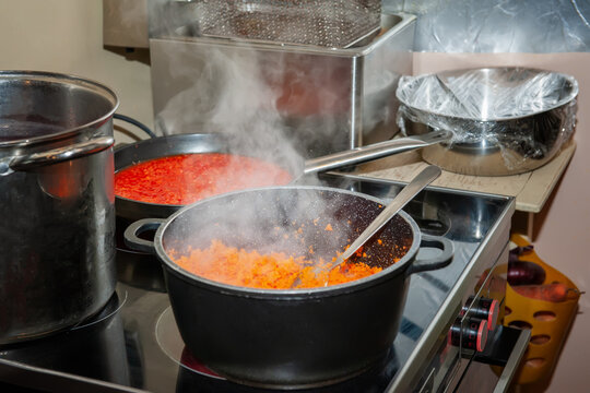 Vegetable tomato soup . The process of cooking vegetable tomato gazpacho soup in the cooking class. Restaurant food