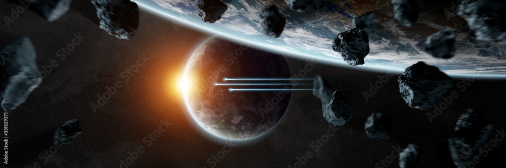 Poster panoramic space planets background. panorama of distant solar system with exoplanets 3d rendering el