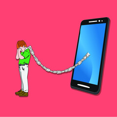 Technology slave concept vector illustration Smart phone and a person chained together 