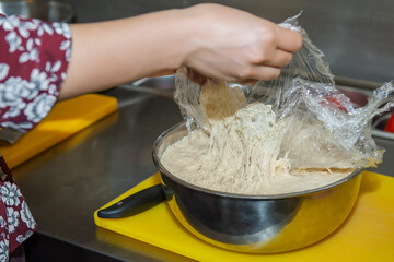 Pulling the plastic wrap off the raised bread dough in a metal mixing bowl. The gluten is stretched, showing that the raw flour mixture can be formed into a loaf and baked.