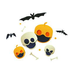 Evil pumpkins and skulls in reusable masks on a white background. Bones, vegetables and bats. Modern flat design for Halloween.