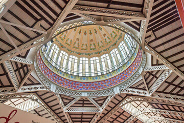 Valencia, Spain: ceiling and central dome of the central market (Mercado Central); of the Valencian modernist school of architecture 
