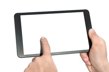 Tablet with blank white touch screen in hands of woman