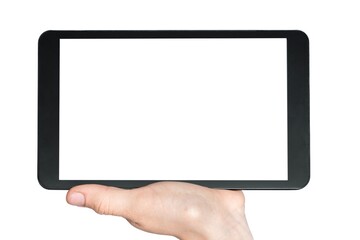 Tablet with blank white touch screen in hand of woman