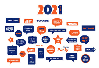 Photo booth props for graduation party. Congrats grad with funny quotes vector illustration. Stickers with types © Asya