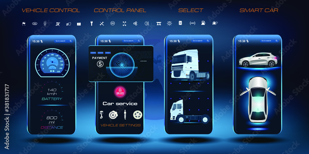 Poster car parameters via a mobile application. autonomous vehicle control system. dashboard with sensors. 