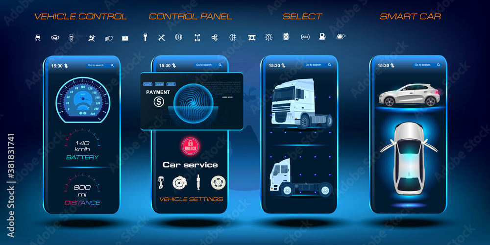 Poster car parameters via a mobile application. autonomous vehicle control system. dashboard with sensors. 