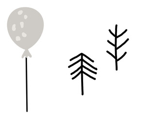 Child's drawing, mountains, 
balloon, trees