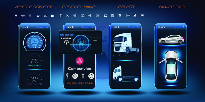 Car parameters via a mobile application. Autonomous vehicle control system. Dashboard with sensors. Locking, starting, maintenance, troubleshooting and card payment via the app