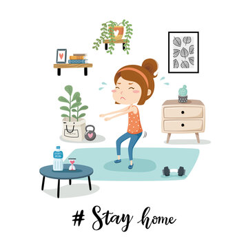 Stay home concept.  Woman doing workout at home to avoid corona virus spreading.  
