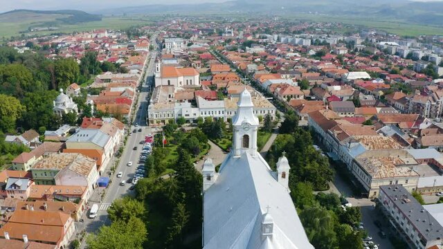 Aerial shot above Turda city centre in Transylvania, Romania