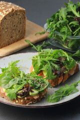 Sandwiches with salmon, avocado and salad	