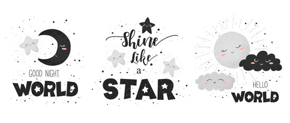 Vector cards collection with textured cute hand drawn moon, sun, clouds and stars isolated on white background. Design for baby room decoration, print, fabric, wallpaper