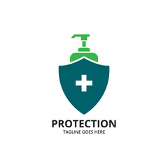 Shield protecting Logo Design Template. Illustration vector graphic of shield and sanitizer  logo design concept. protective antivirus shield to coronavirus, COVID-19, 2019-nCoV infection. 

